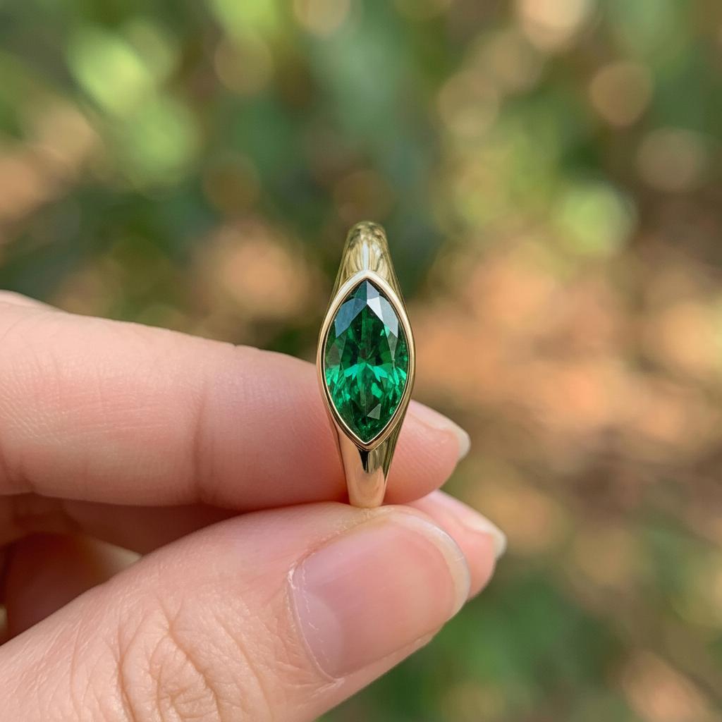 1.5ct Marquise Bezel Emerald Ring, 14K Solid Gold Signet Engagement Ring, Minimalist Pinky Promise Gift, May Birthstone Ring