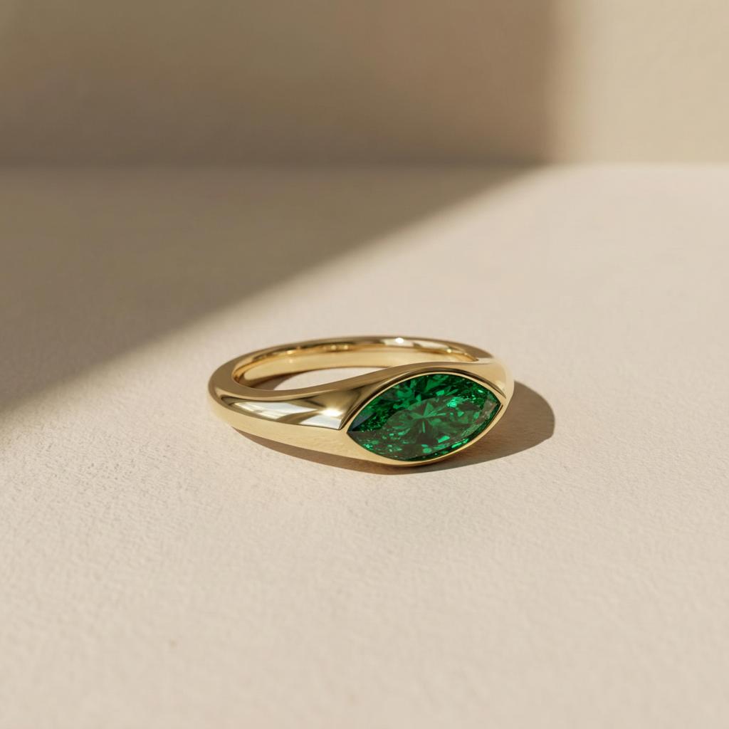 1.5ct Marquise Bezel Emerald Ring, 14K Solid Gold Signet Engagement Ring, Minimalist Pinky Promise Gift, May Birthstone Ring