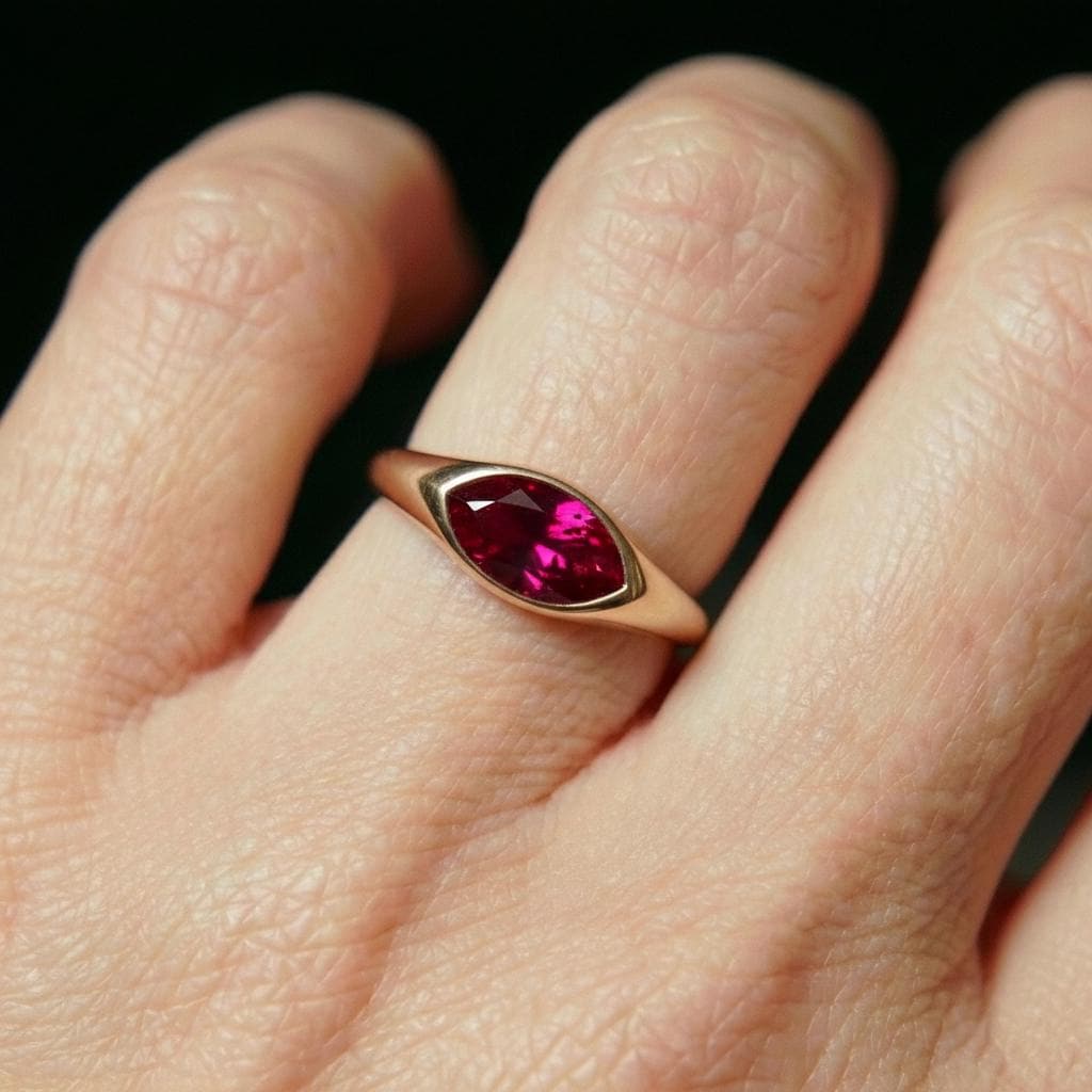 1.5ct Marquise Bezel Ruby Ring, 14K Solid Gold Signet Engagement Ring, Minimalist Pinky Promise Gift, July Birthstone Ring