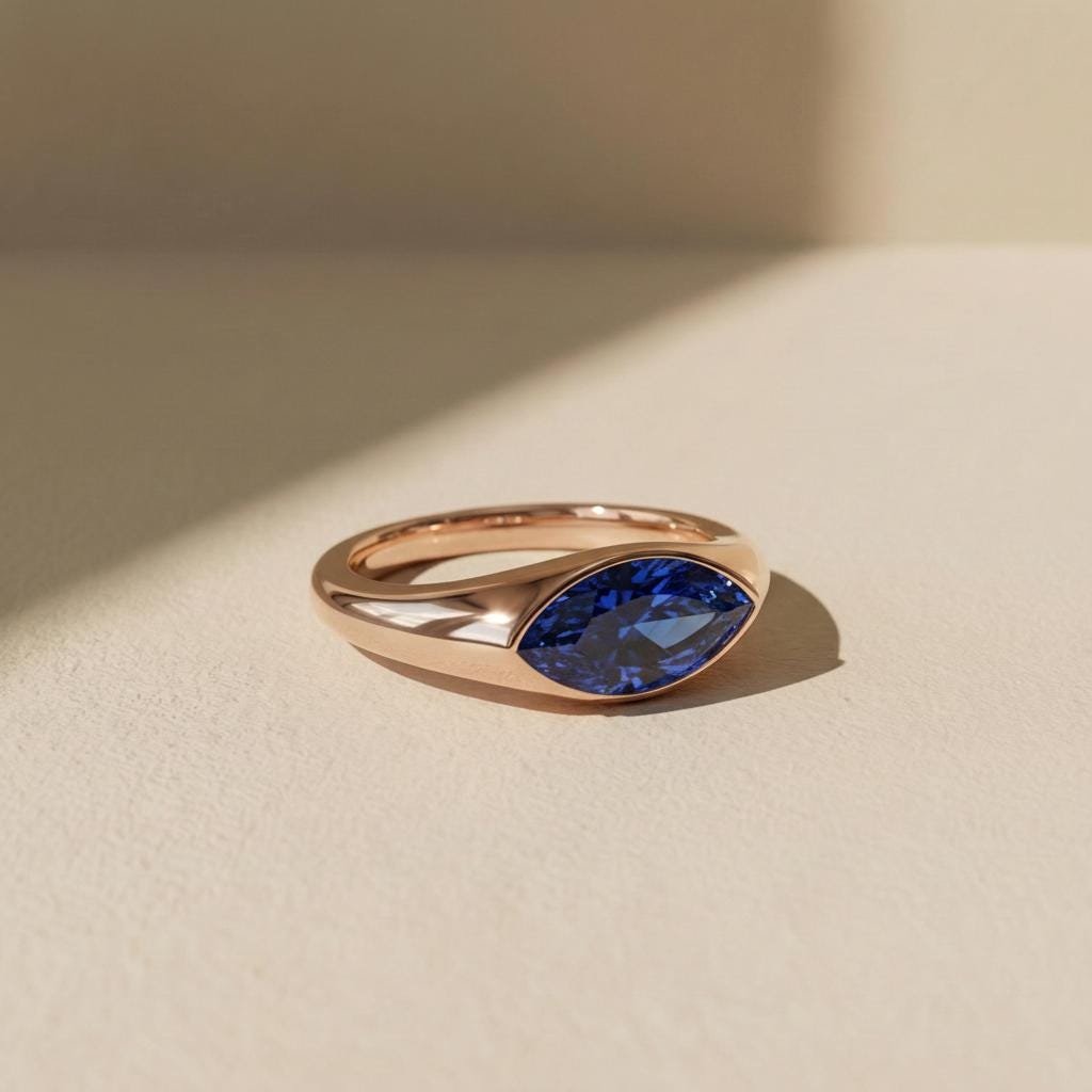 1.5ct Marquise Bezel Blue Sapphire Ring, 14K Solid Gold Signet Engagement Ring, Minimalist Pinky Promise Gift, September Birthstone Ring