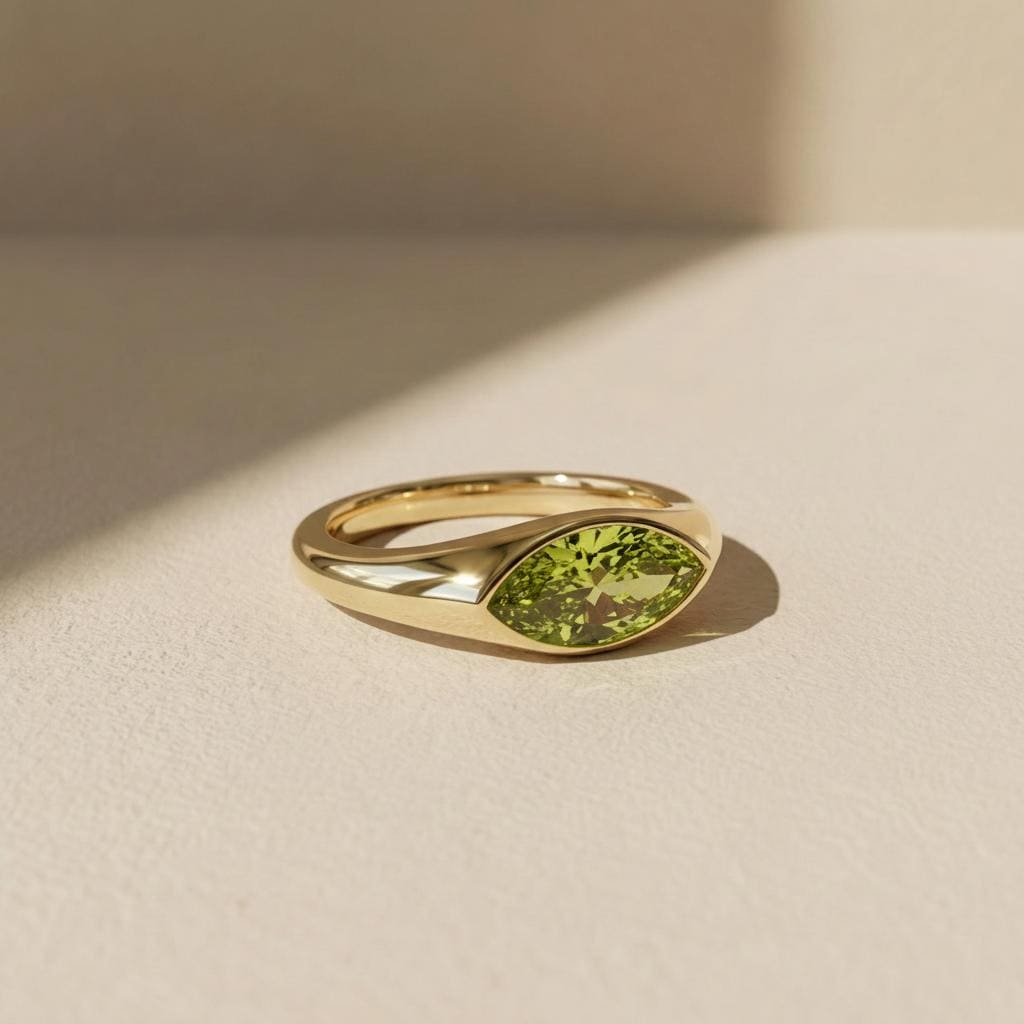 1.5ct Marquise Bezel Peridot Ring, 14K Solid Gold Signet Engagement Ring, Minimalist Pinky Promise Gift, August Birthstone Ring