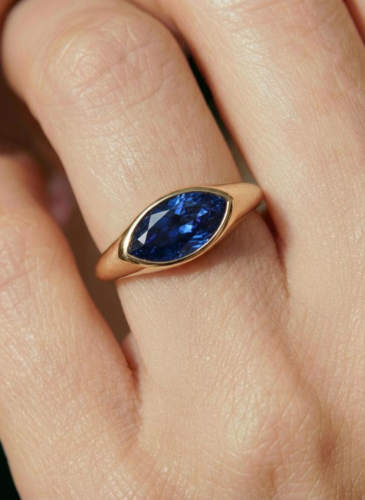 1.5ct Marquise Bezel Blue Sapphire Ring, 14K Solid Gold Signet Engagement Ring, Minimalist Pinky Promise Gift, September Birthstone Ring