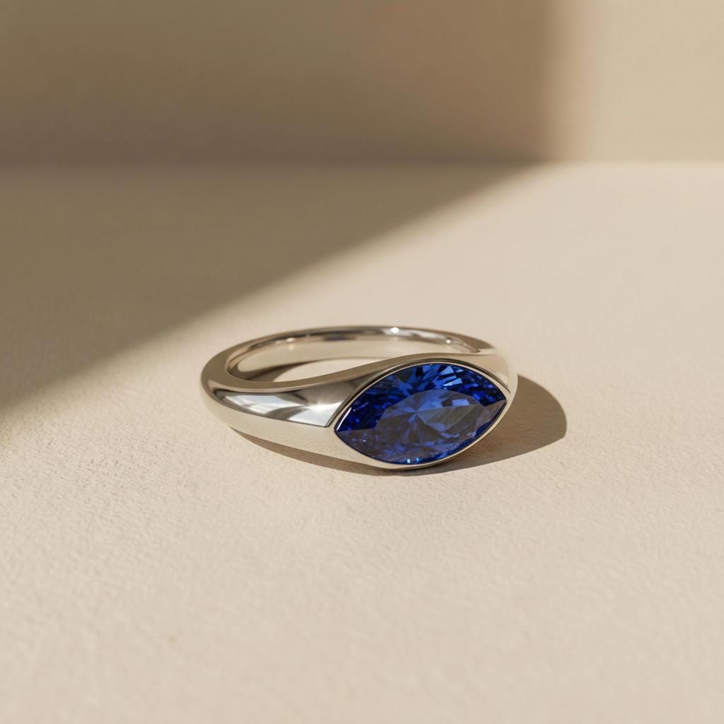 1.5ct Marquise Bezel Blue Sapphire Ring, 14K Solid Gold Signet Engagement Ring, Minimalist Pinky Promise Gift, September Birthstone Ring