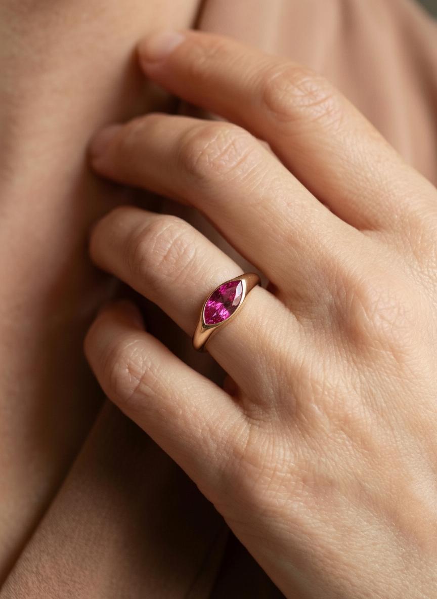 1.5ct Marquise Bezel Pink Tourmaline Ring, 14K Solid Gold Signet Engagement Ring, Minimalist Pinky Promise Gift, October Birthstone Ring