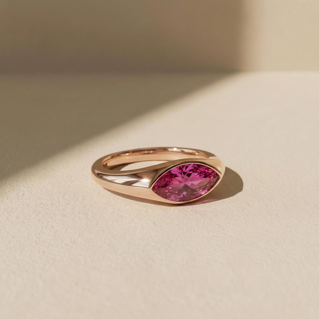 1.5ct Marquise Bezel Pink Tourmaline Ring, 14K Solid Gold Signet Engagement Ring, Minimalist Pinky Promise Gift, October Birthstone Ring