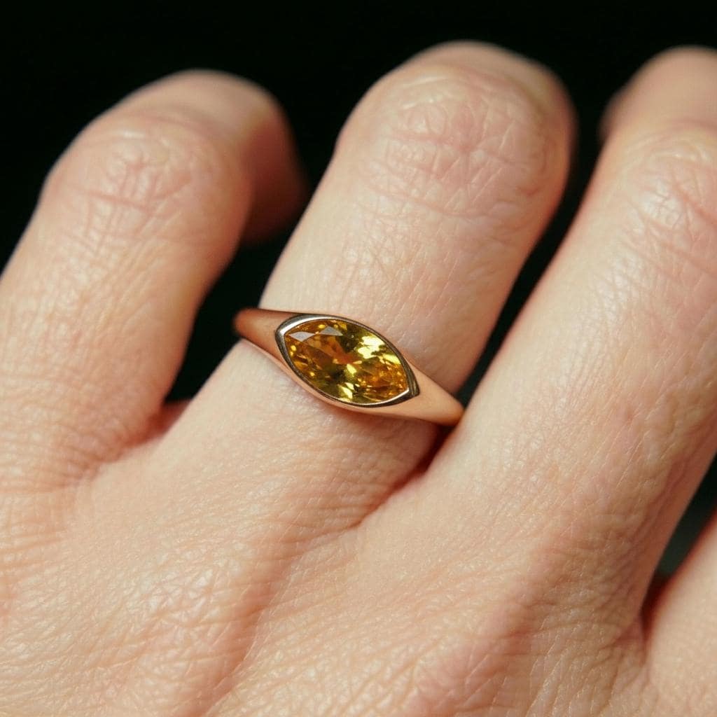 1.5ct Marquise Bezel Citrine Ring, 14K Solid Gold Signet Engagement Ring, Minimalist Pinky Promise Gift, November Birthstone Ring