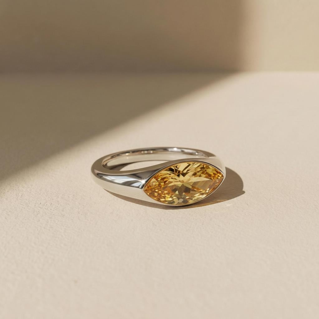 1.5ct Marquise Bezel Citrine Ring, 14K Solid Gold Signet Engagement Ring, Minimalist Pinky Promise Gift, November Birthstone Ring