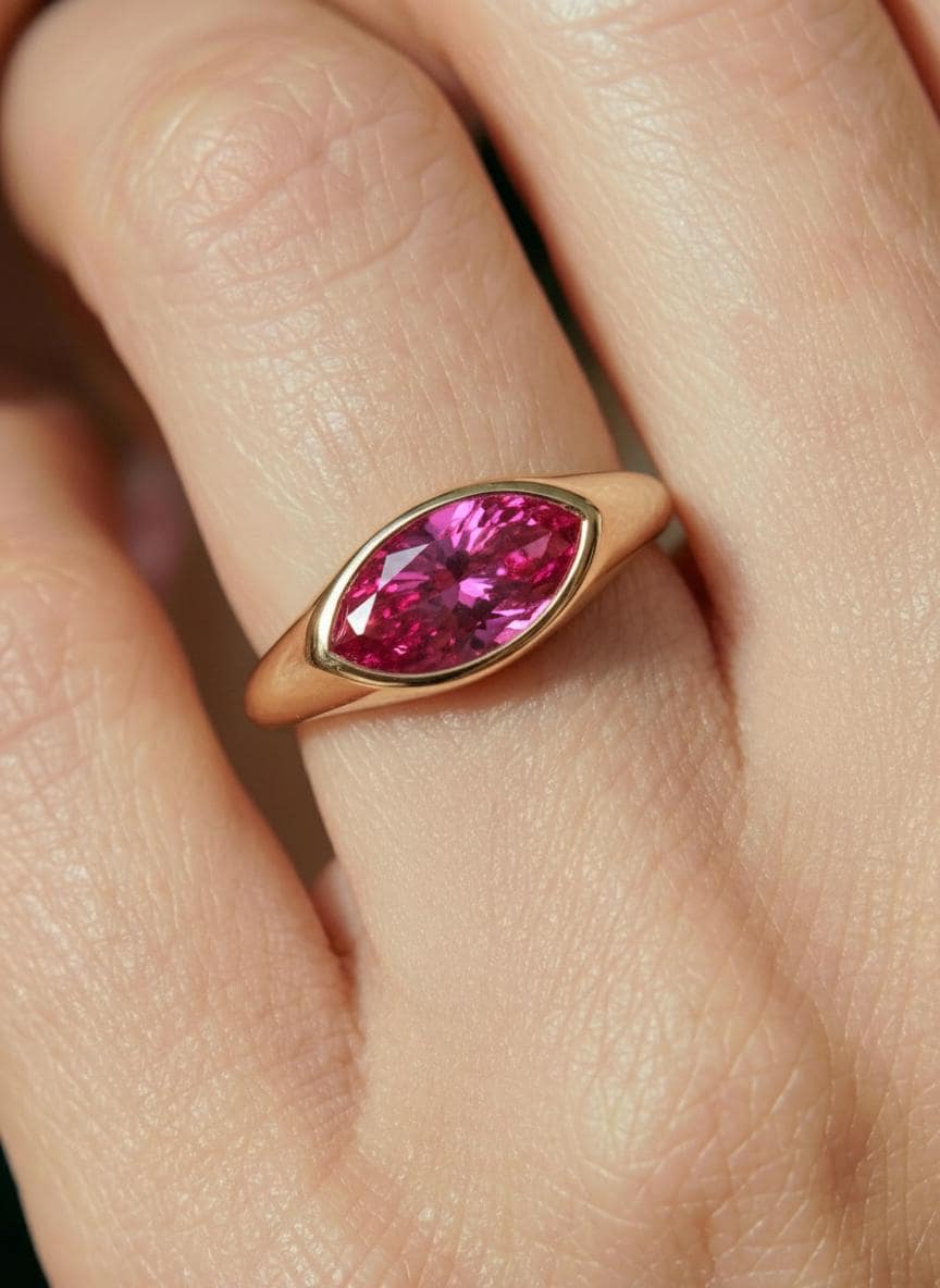 1.5ct Marquise Bezel Pink Tourmaline Ring, 14K Solid Gold Signet Engagement Ring, Minimalist Pinky Promise Gift, October Birthstone Ring