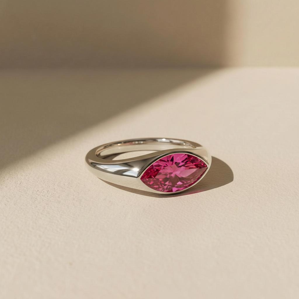 1.5ct Marquise Bezel Pink Tourmaline Ring, 14K Solid Gold Signet Engagement Ring, Minimalist Pinky Promise Gift, October Birthstone Ring
