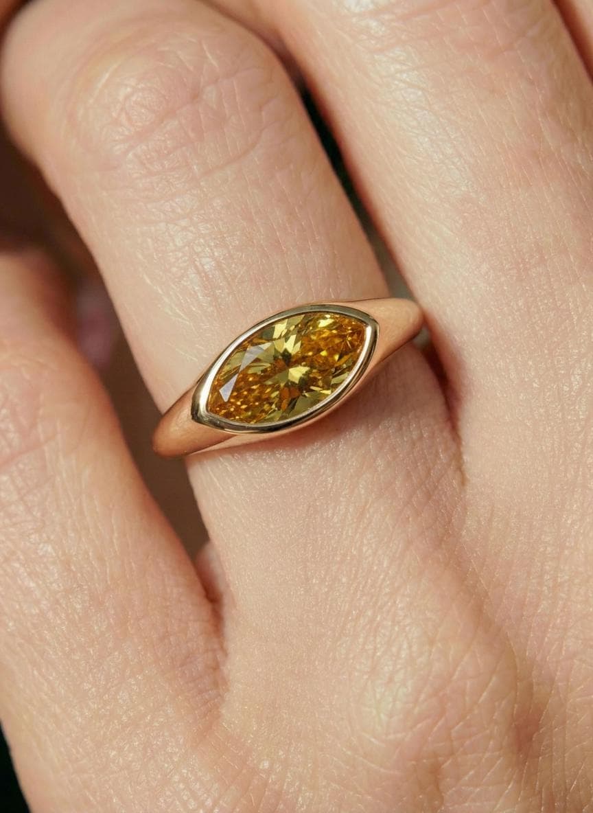 1.5ct Marquise Bezel Citrine Ring, 14K Solid Gold Signet Engagement Ring, Minimalist Pinky Promise Gift, November Birthstone Ring
