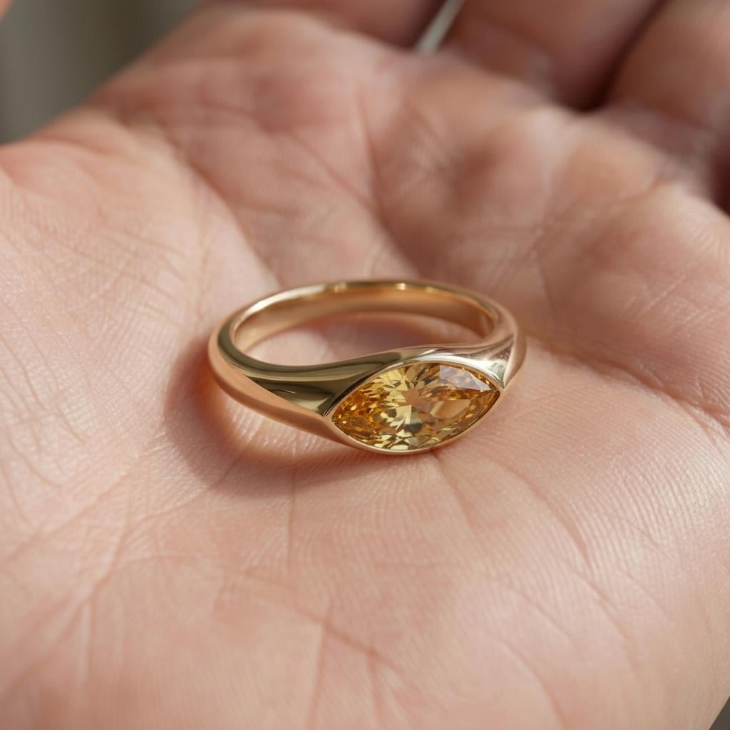 1.5ct Marquise Bezel Citrine Ring, 14K Solid Gold Signet Engagement Ring, Minimalist Pinky Promise Gift, November Birthstone Ring