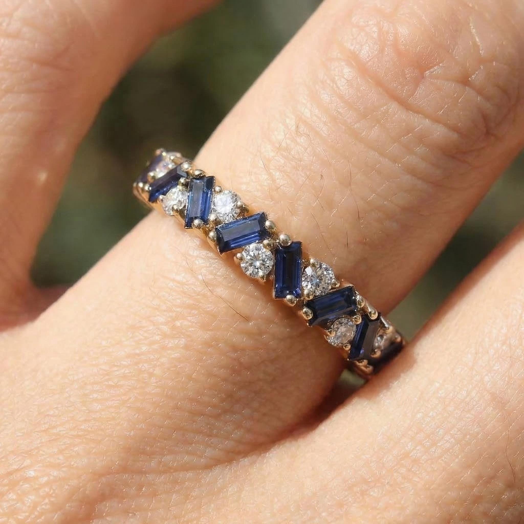 Unique Blue Sapphire Gold Wedding Band Moissanite Band Art Deco Matching Rings Gift For Her