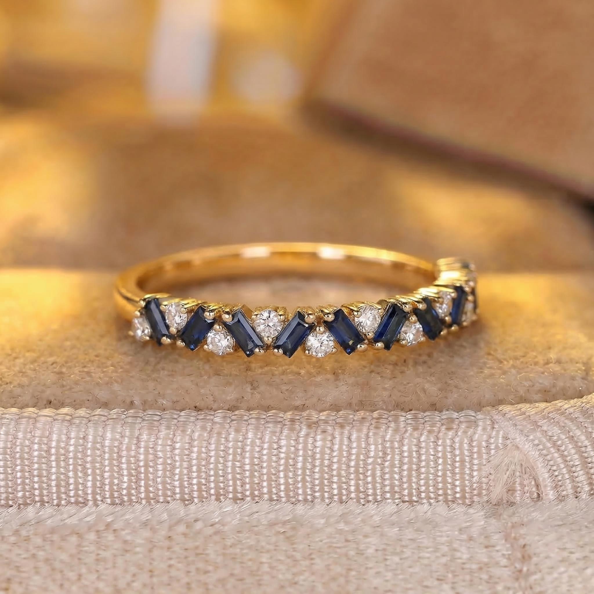 Unique Blue Sapphire Gold Wedding Band Moissanite Band Art Deco Matching Rings Gift For Her
