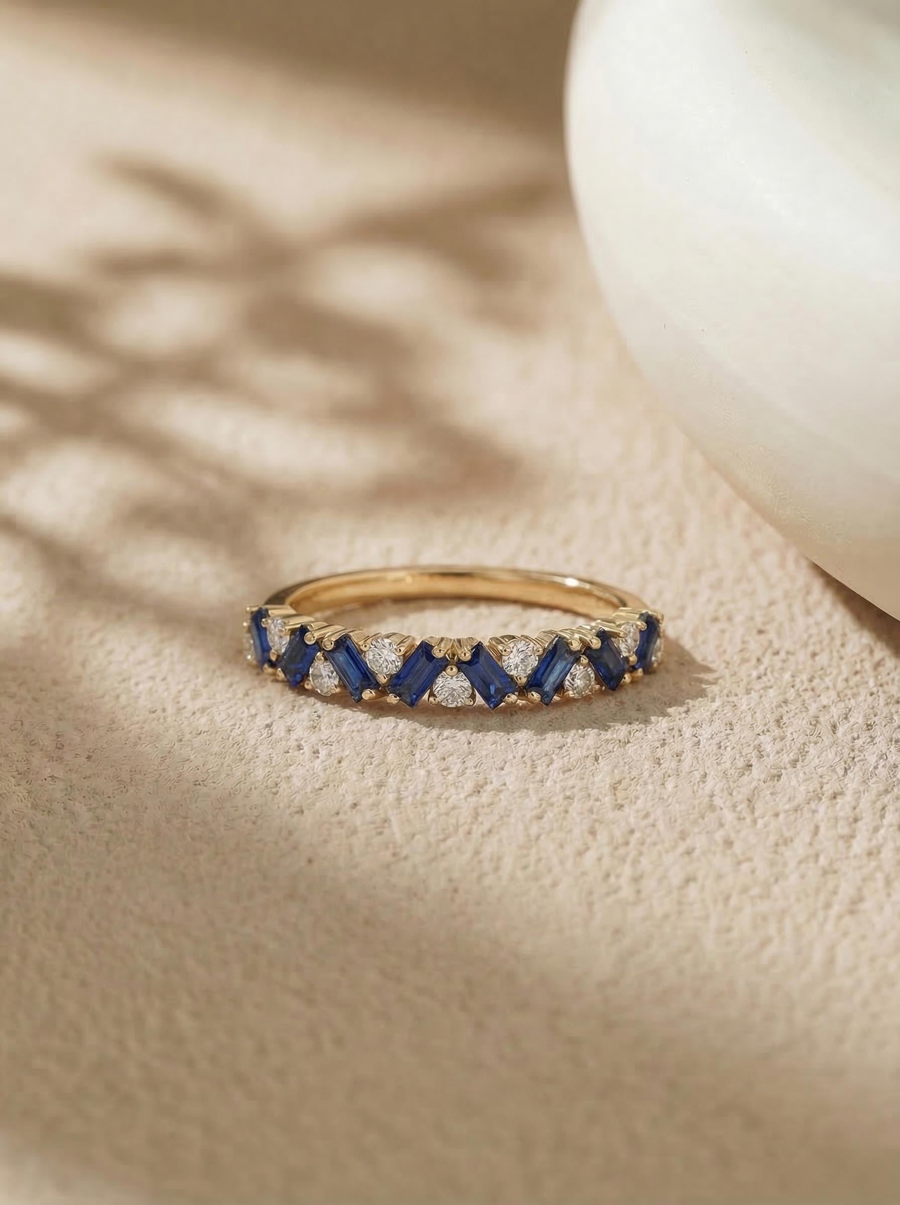 Unique Blue Sapphire Gold Wedding Band Moissanite Band Art Deco Matching Rings Gift For Her