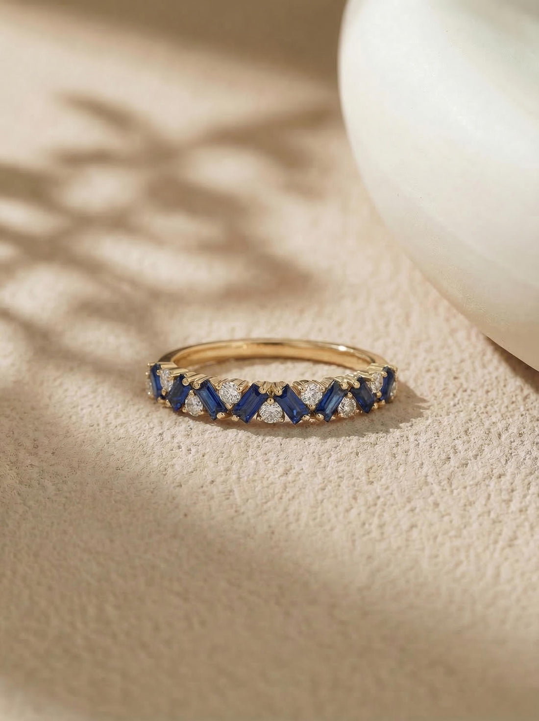 Unique Blue Sapphire Gold Wedding Band Moissanite Band Art Deco Matching Rings Gift For Her