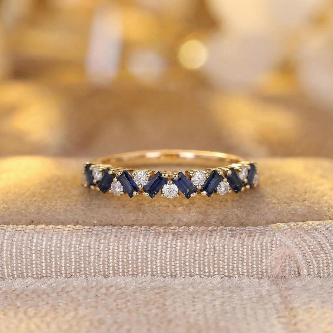 Unique Blue Sapphire Gold Wedding Band Moissanite Band Art Deco Matching Rings Gift For Her