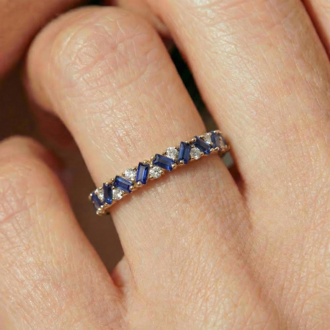 Unique Blue Sapphire Gold Wedding Band Moissanite Band Art Deco Matching Rings Gift For Her