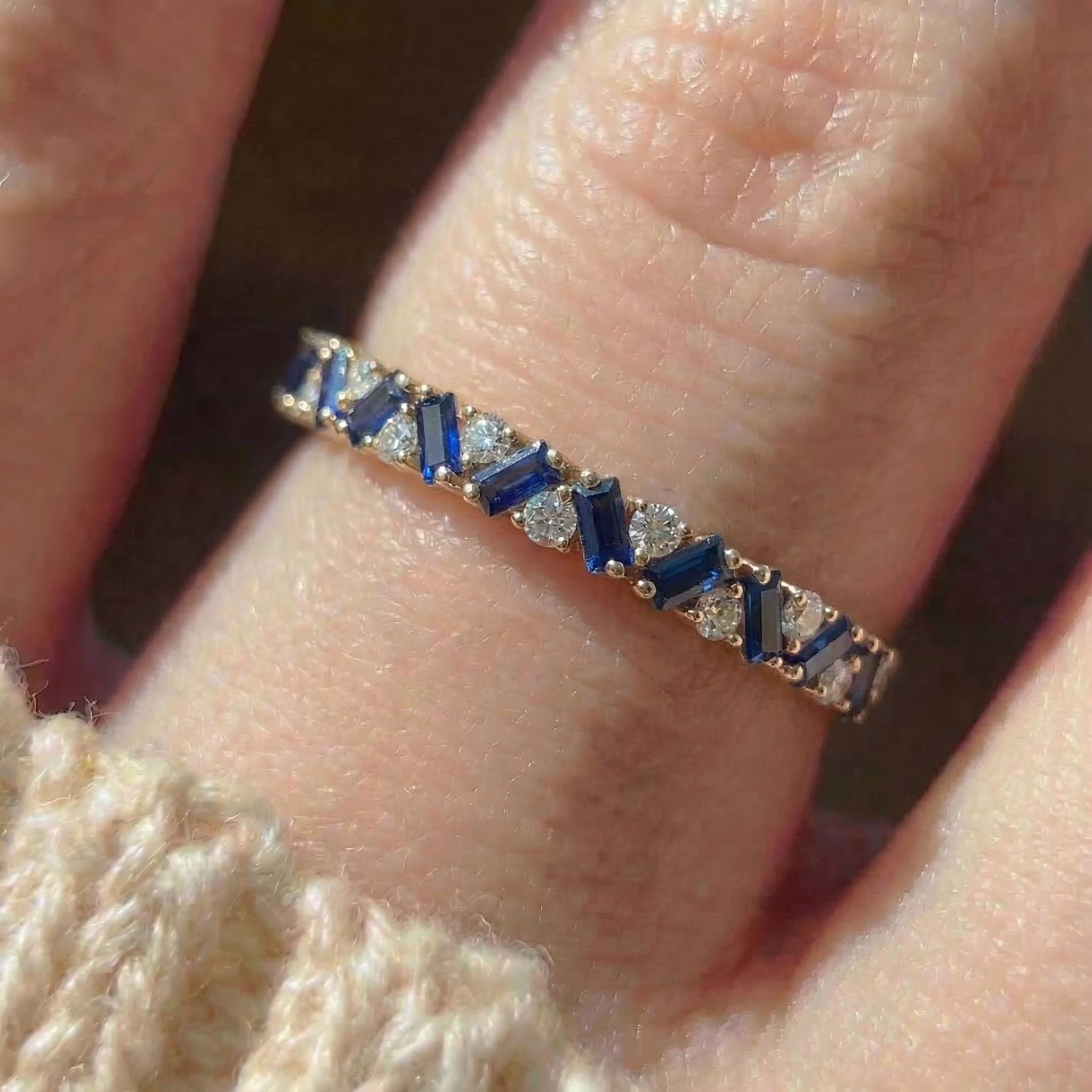 Unique Blue Sapphire Gold Wedding Band Moissanite Band Art Deco Matching Rings Gift For Her