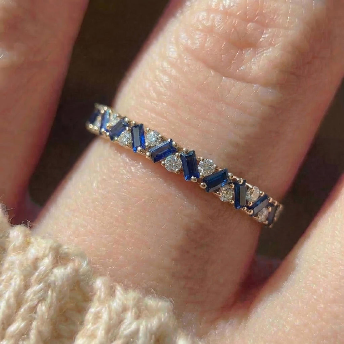 Unique Blue Sapphire Gold Wedding Band Moissanite Band Art Deco Matching Rings Gift For Her