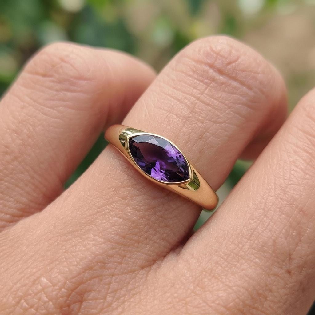 1.5ct Marquise Bezel Amethyst Ring, 14K Solid Gold Signet Engagement Ring, Minimalist Pinky Promise Gift, February Birthstone Ring