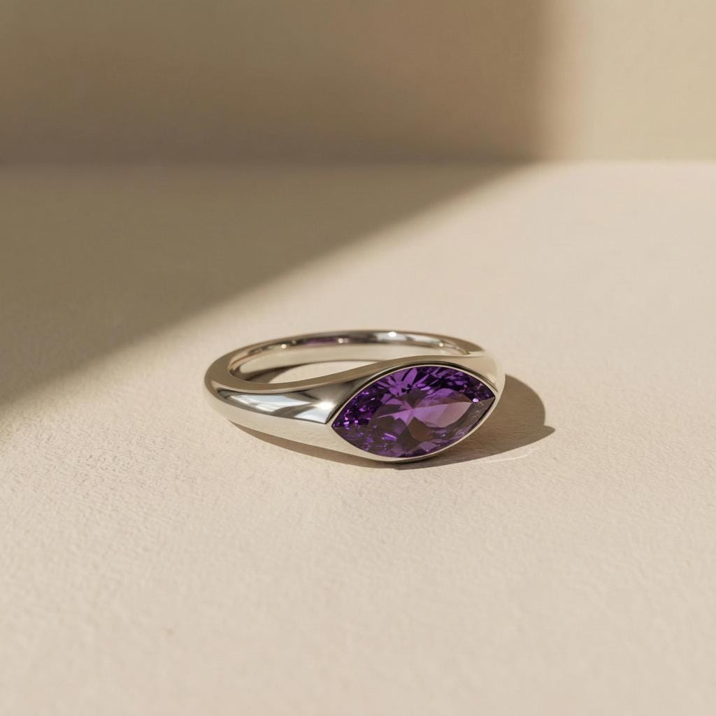 1.5ct Marquise Bezel Amethyst Ring, 14K Solid Gold Signet Engagement Ring, Minimalist Pinky Promise Gift, February Birthstone Ring