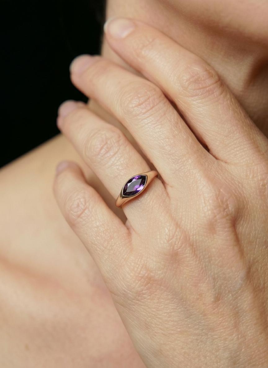1.5ct Marquise Bezel Amethyst Ring, 14K Solid Gold Signet Engagement Ring, Minimalist Pinky Promise Gift, February Birthstone Ring