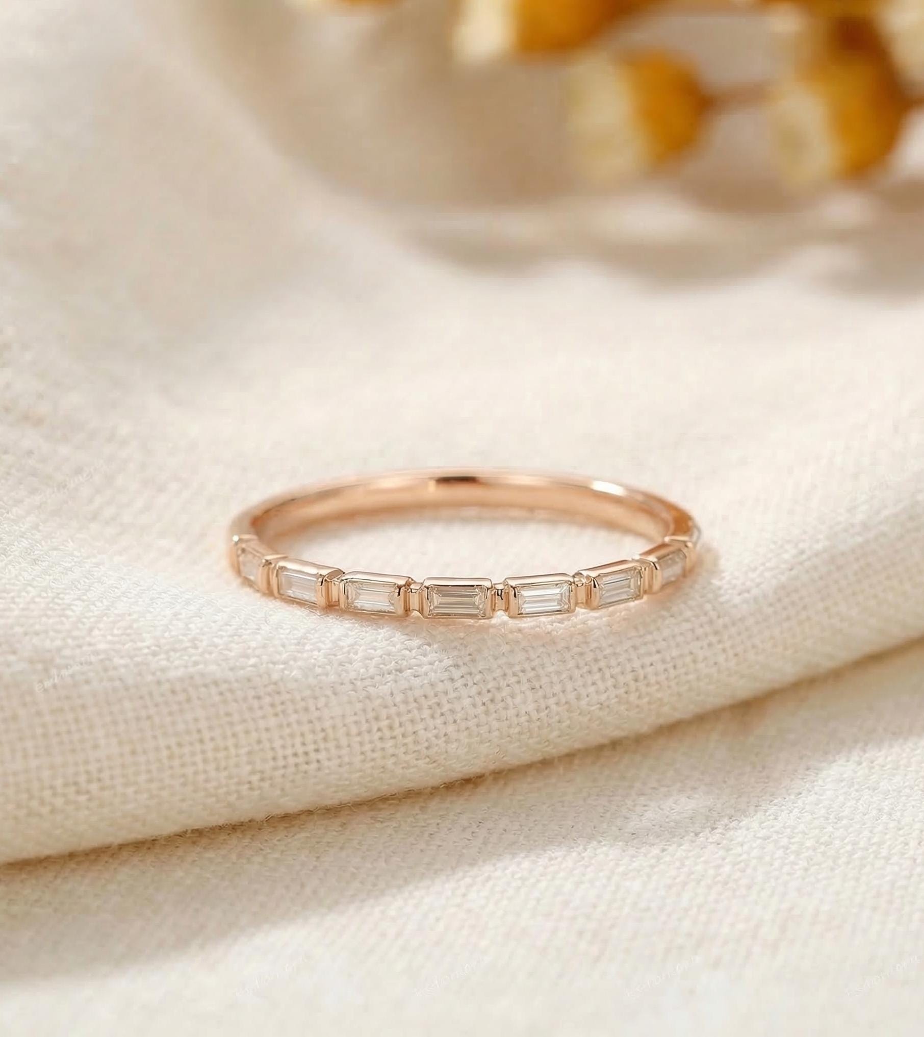 Moissanite Wedding Band for Her – Low Profile Baguette Moissanite Bridal Ring