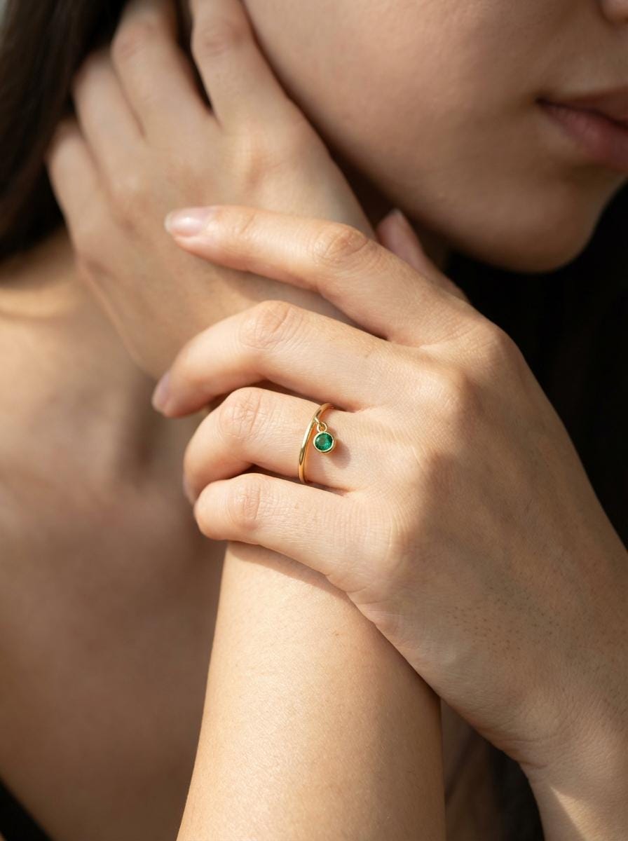 Green Sapphire Charm Ring Dainty Green Gemstone Ring Minimalist Bezel Green Sapphire Ring Unique Stackable Ring Delicate Gold Ring Gift