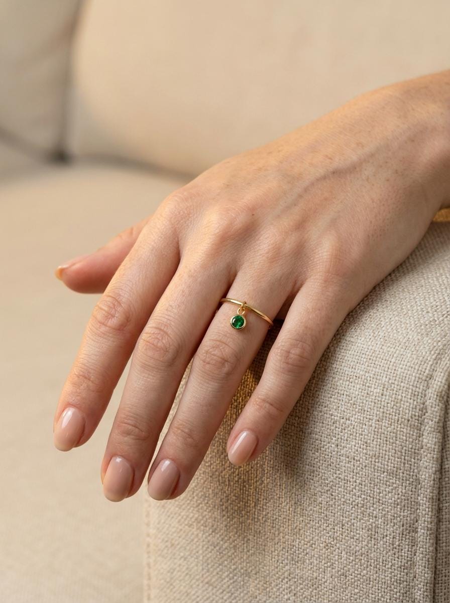 Green Sapphire Charm Ring Dainty Green Gemstone Ring Minimalist Bezel Green Sapphire Ring Unique Stackable Ring Delicate Gold Ring Gift