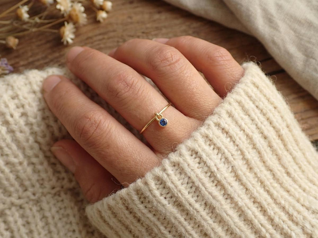 Blue Zircon Charm Ring Dainty Blue Gemstone Ring Minimalist Bezel Blue Zircon Ring December Birthstone Gift For Mom