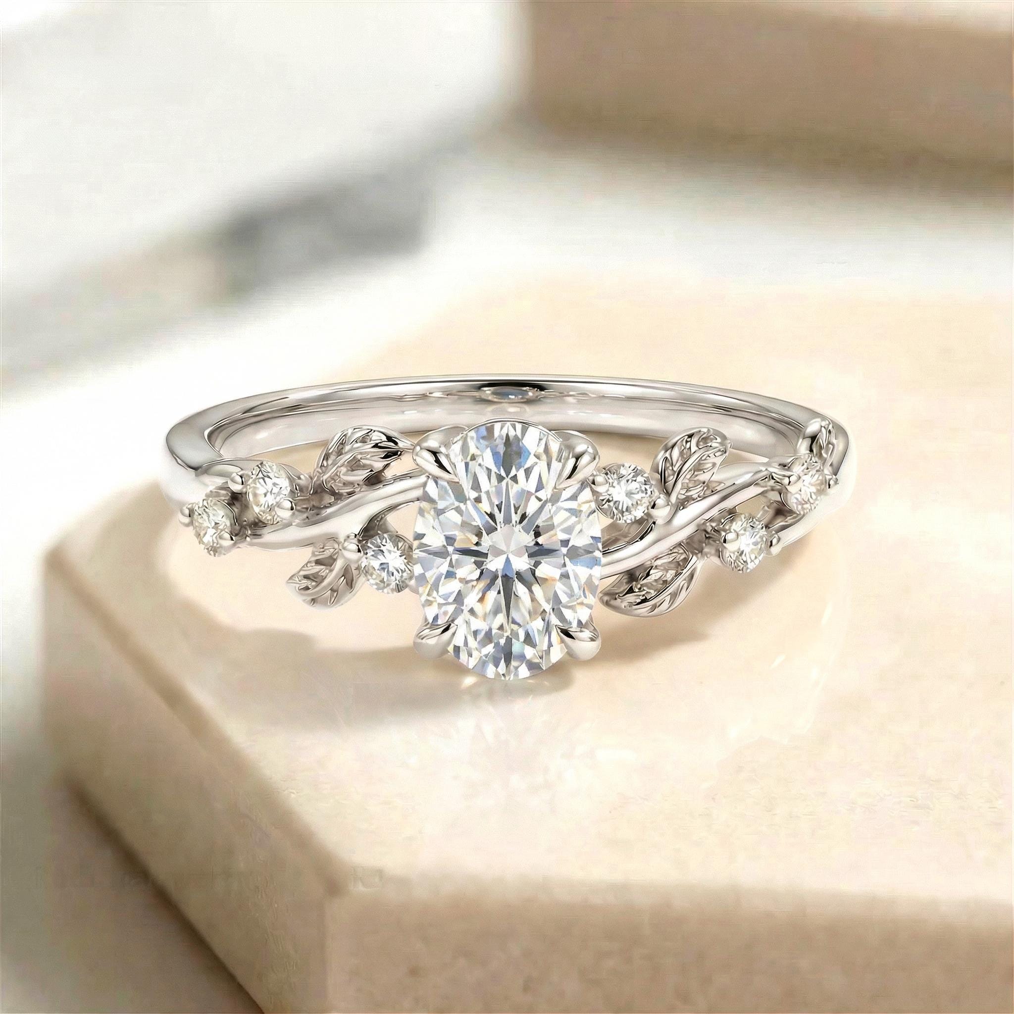 White Sapphire Ring for Women – September Birthstone Gift – 14K Gold Nature Inspired Jewelry