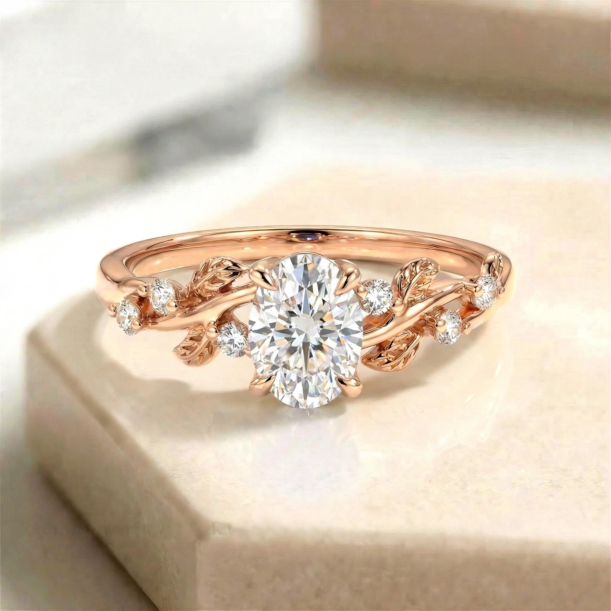 White Sapphire Ring for Women – September Birthstone Gift – 14K Gold Nature Inspired Jewelry