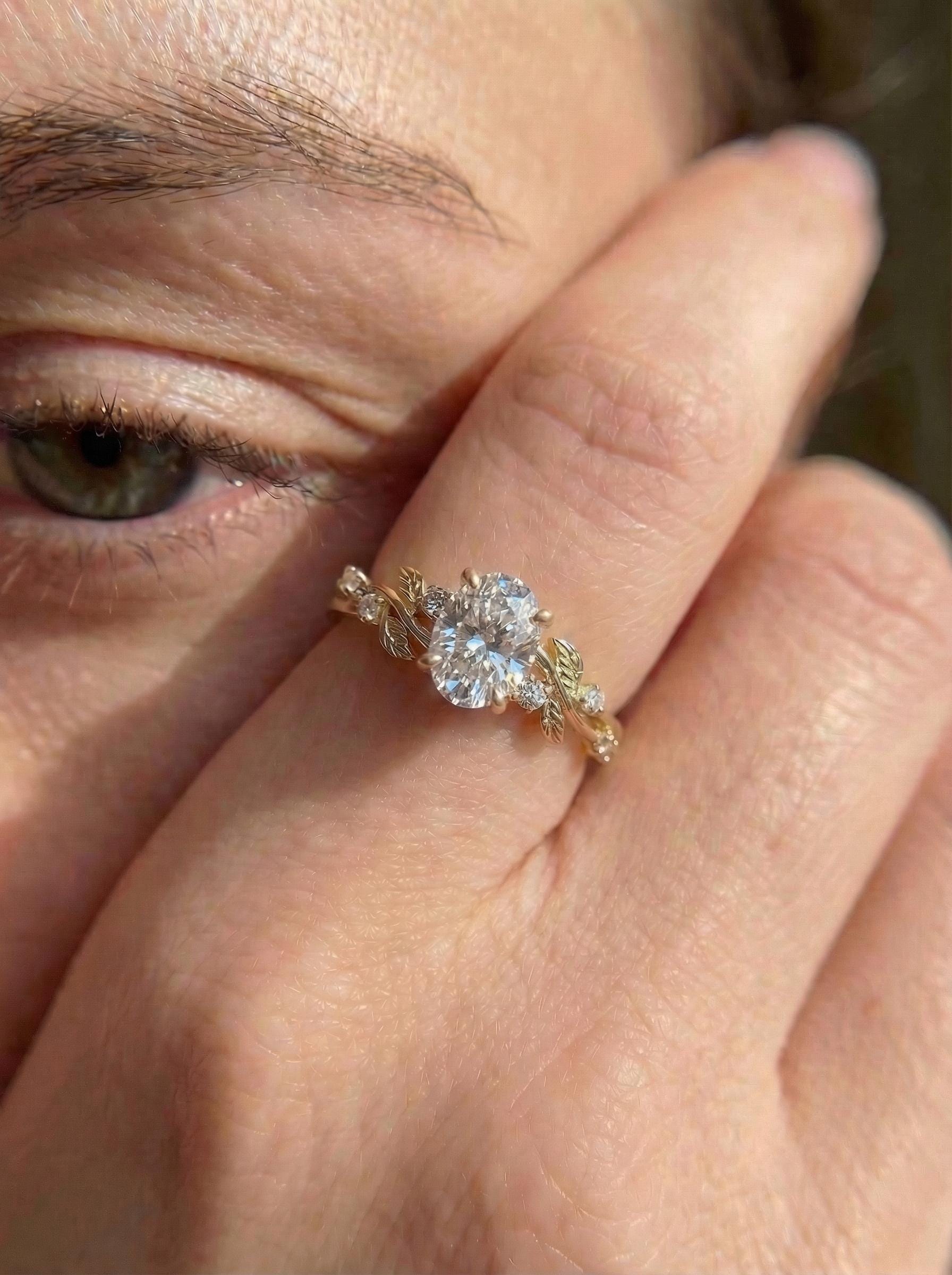 White Sapphire Ring for Women – September Birthstone Gift – 14K Gold Nature Inspired Jewelry