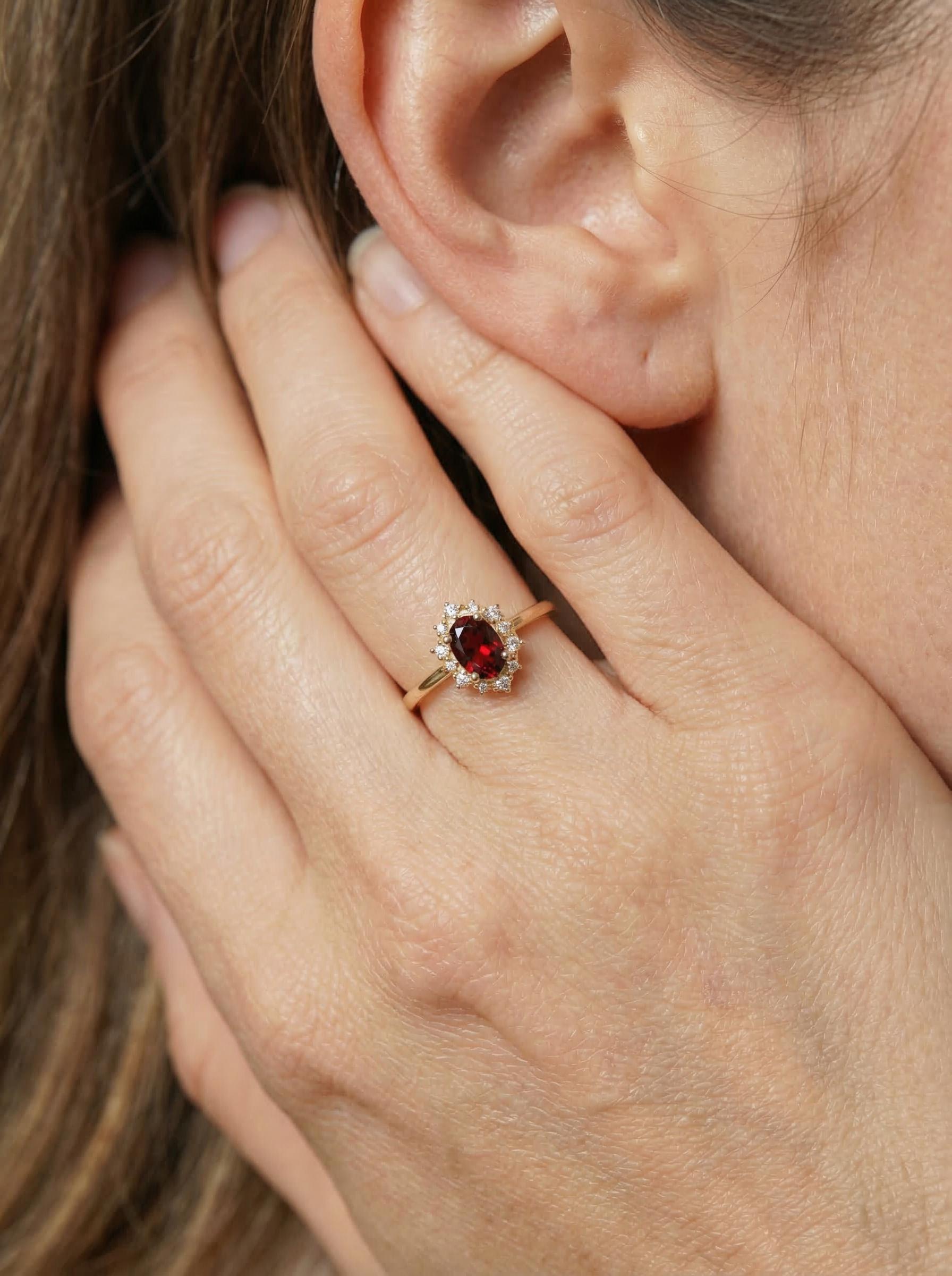 Oval Garnet Engagement Ring, Vintage Cluster Halo Gold Ring, Custom Gemstone Wedding Jewelry, January Birthstone
