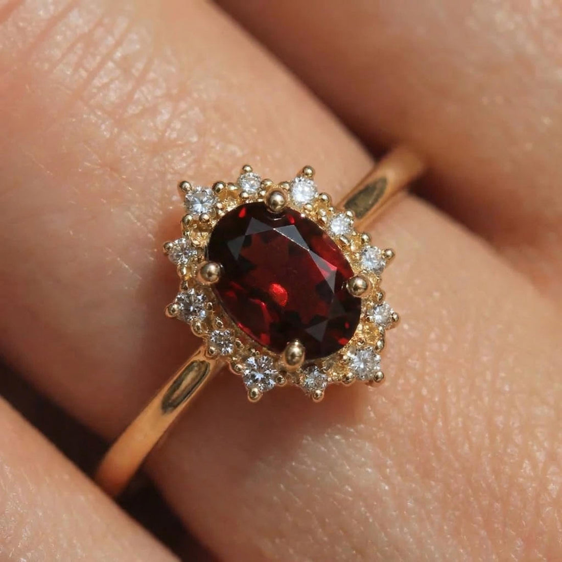 Oval Garnet Engagement Ring, Vintage Cluster Halo Gold Ring, Custom Gemstone Wedding Jewelry, January Birthstone