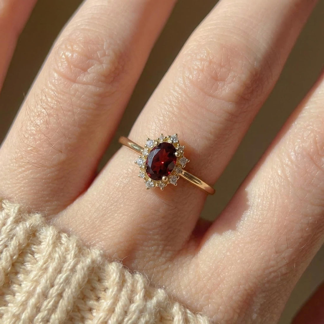 Oval Garnet Engagement Ring, Vintage Cluster Halo Gold Ring, Custom Gemstone Wedding Jewelry, January Birthstone
