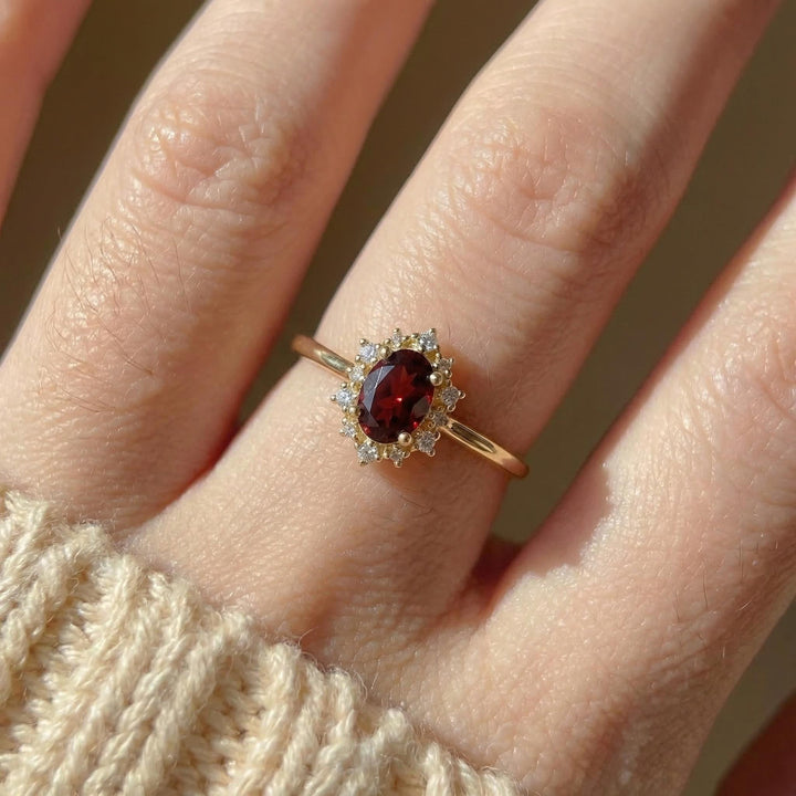 Oval Garnet Engagement Ring, Vintage Cluster Halo Gold Ring, Custom Gemstone Wedding Jewelry, January Birthstone
