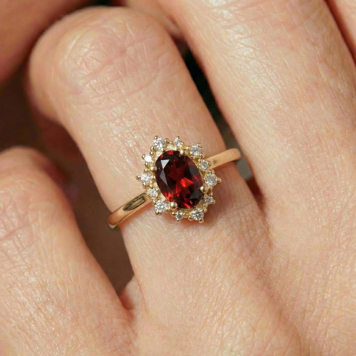 Oval Garnet Engagement Ring, Vintage Cluster Halo Gold Ring, Custom Gemstone Wedding Jewelry, January Birthstone