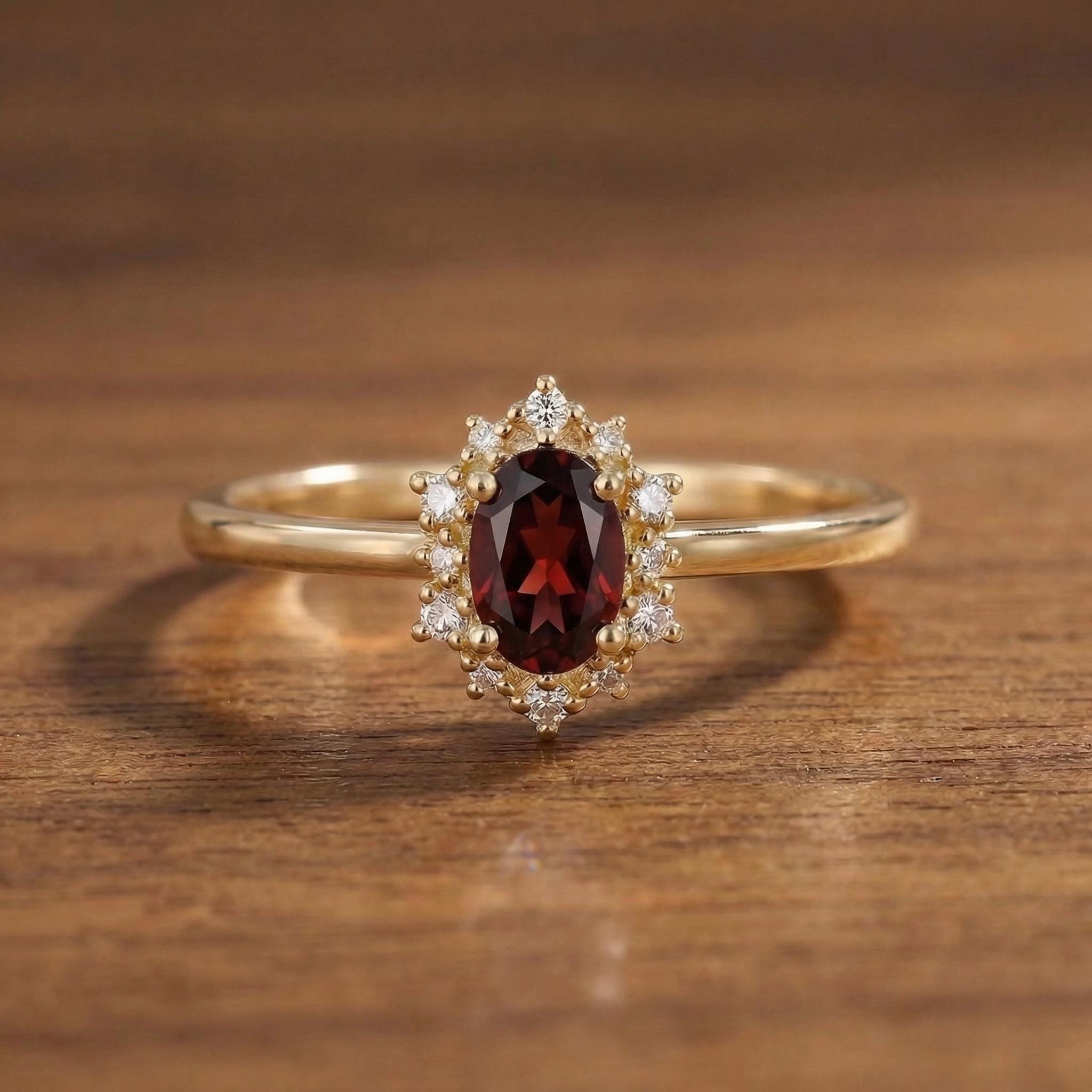 Oval Garnet Engagement Ring, Vintage Cluster Halo Gold Ring, Custom Gemstone Wedding Jewelry, January Birthstone