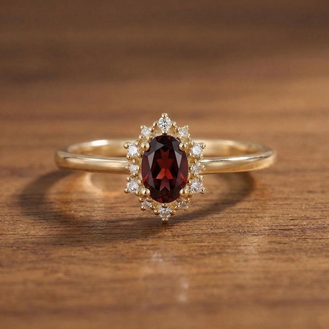 Oval Garnet Engagement Ring, Vintage Cluster Halo Gold Ring, Custom Gemstone Wedding Jewelry, January Birthstone