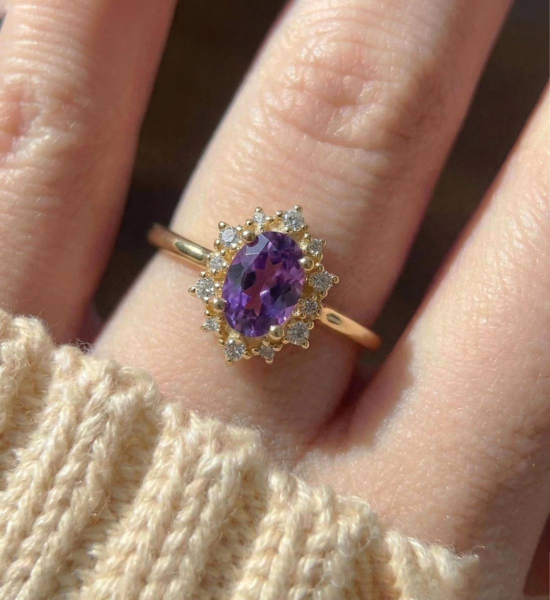 Amethyst Halo Engagement Ring, Vintage Oval Amethyst Wedding Ring, February Birthstone Gift, Promise Ring Gift for Women
