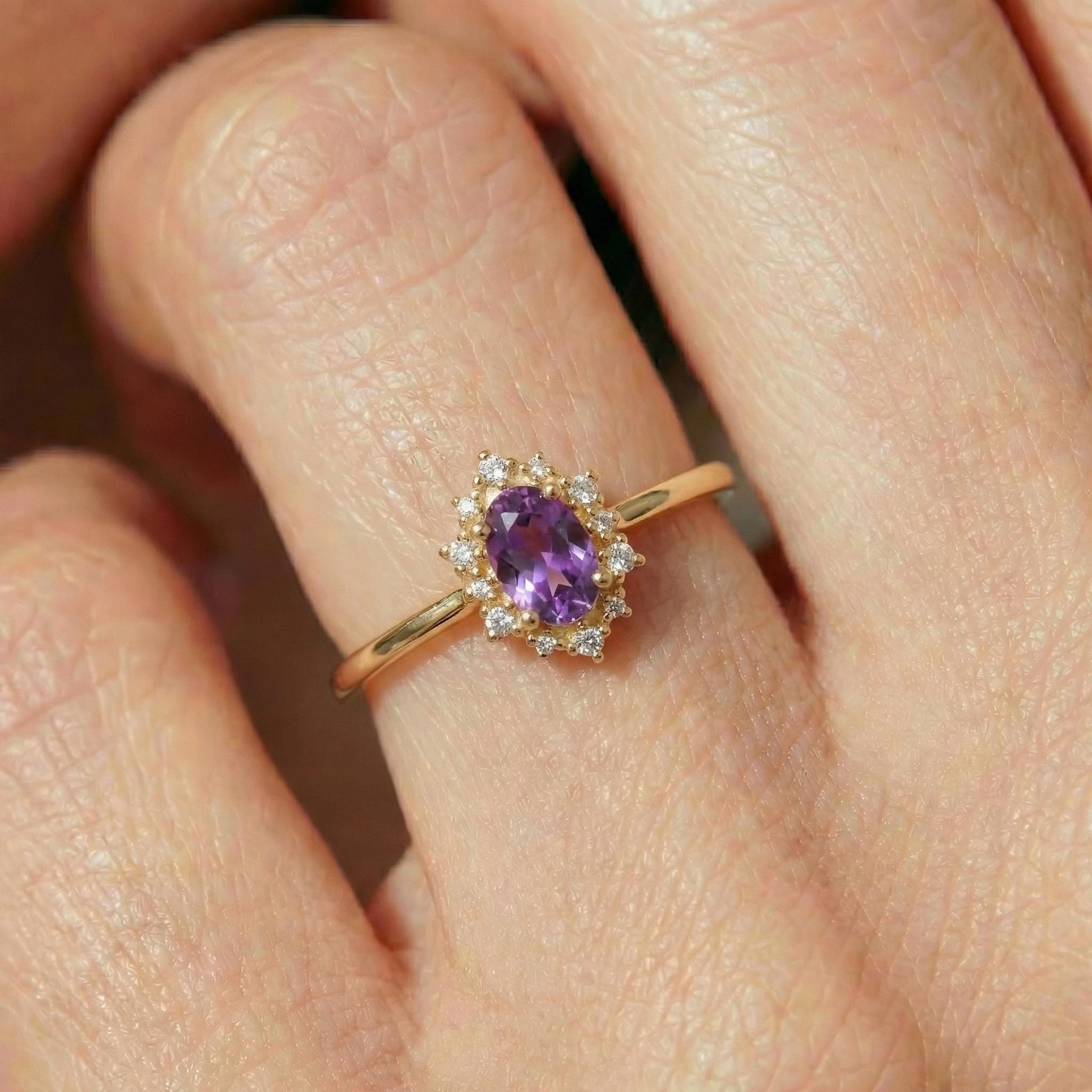 Amethyst Halo Engagement Ring, Vintage Oval Amethyst Wedding Ring, February Birthstone Gift, Promise Ring Gift for Women
