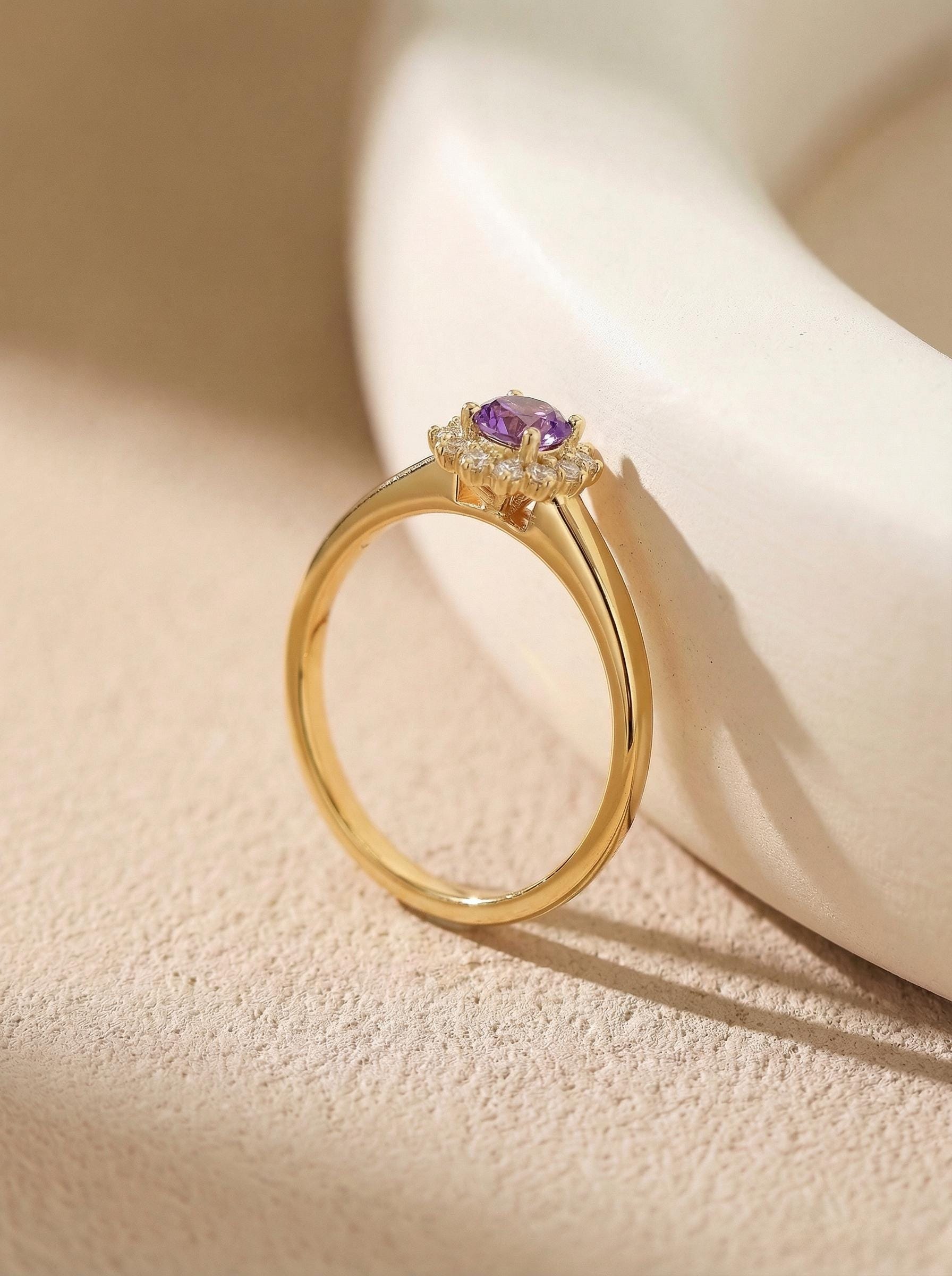 Amethyst Halo Engagement Ring, Vintage Oval Amethyst Wedding Ring, February Birthstone Gift, Promise Ring Gift for Women