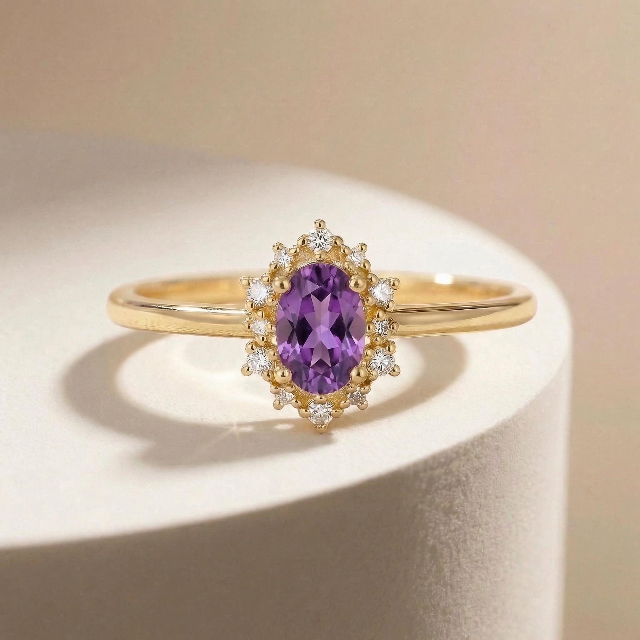 Amethyst Halo Engagement Ring, Vintage Oval Amethyst Wedding Ring, February Birthstone Gift, Promise Ring Gift for Women