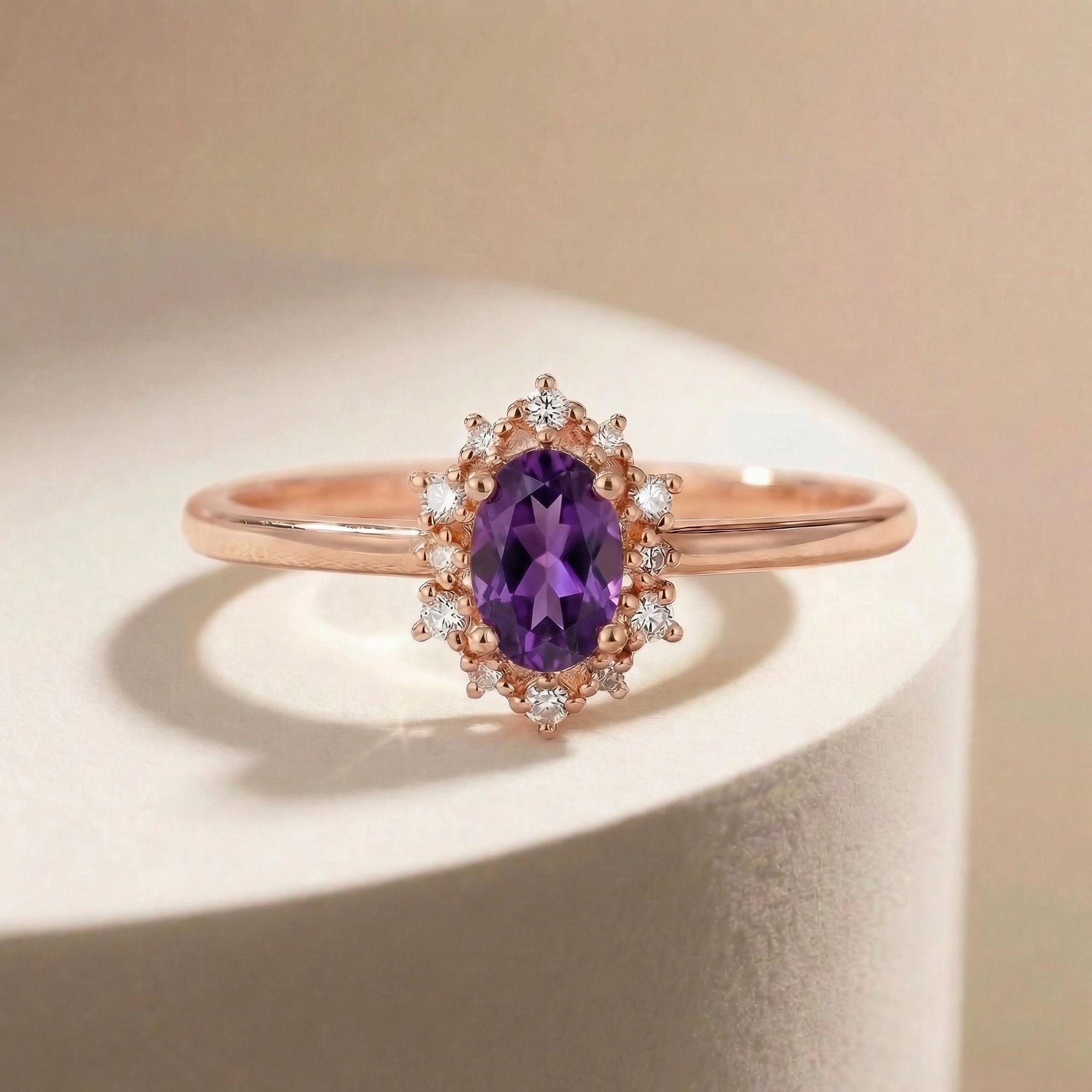 Amethyst Halo Engagement Ring, Vintage Oval Amethyst Wedding Ring, February Birthstone Gift, Promise Ring Gift for Women