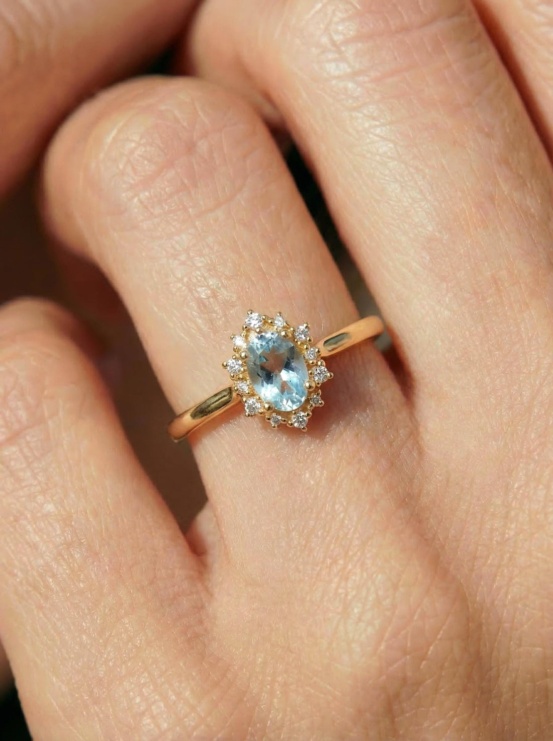 Aquamarine Halo Engagement Ring, Vintage Oval Aquamarine Wedding Ring, March Birthstone Gift, Promise Ring Gift for Women