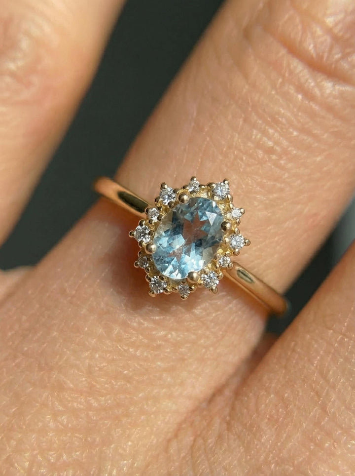 Aquamarine Halo Engagement Ring, Vintage Oval Aquamarine Wedding Ring, March Birthstone Gift, Promise Ring Gift for Women