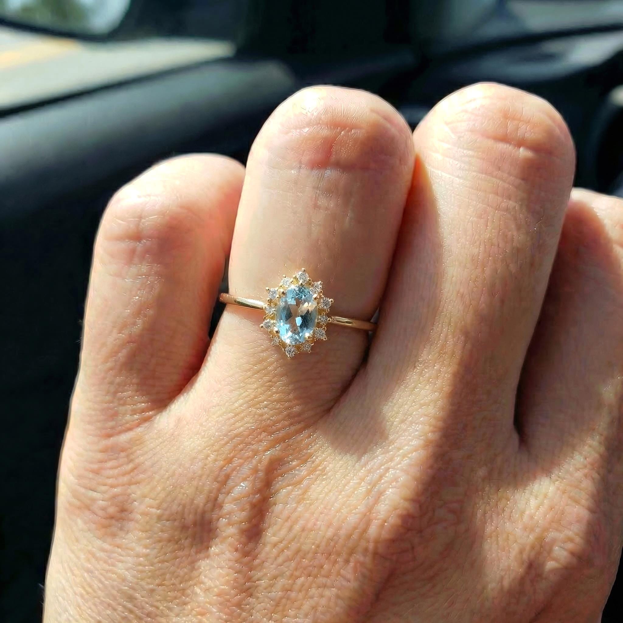 Aquamarine Halo Engagement Ring, Vintage Oval Aquamarine Wedding Ring, March Birthstone Gift, Promise Ring Gift for Women