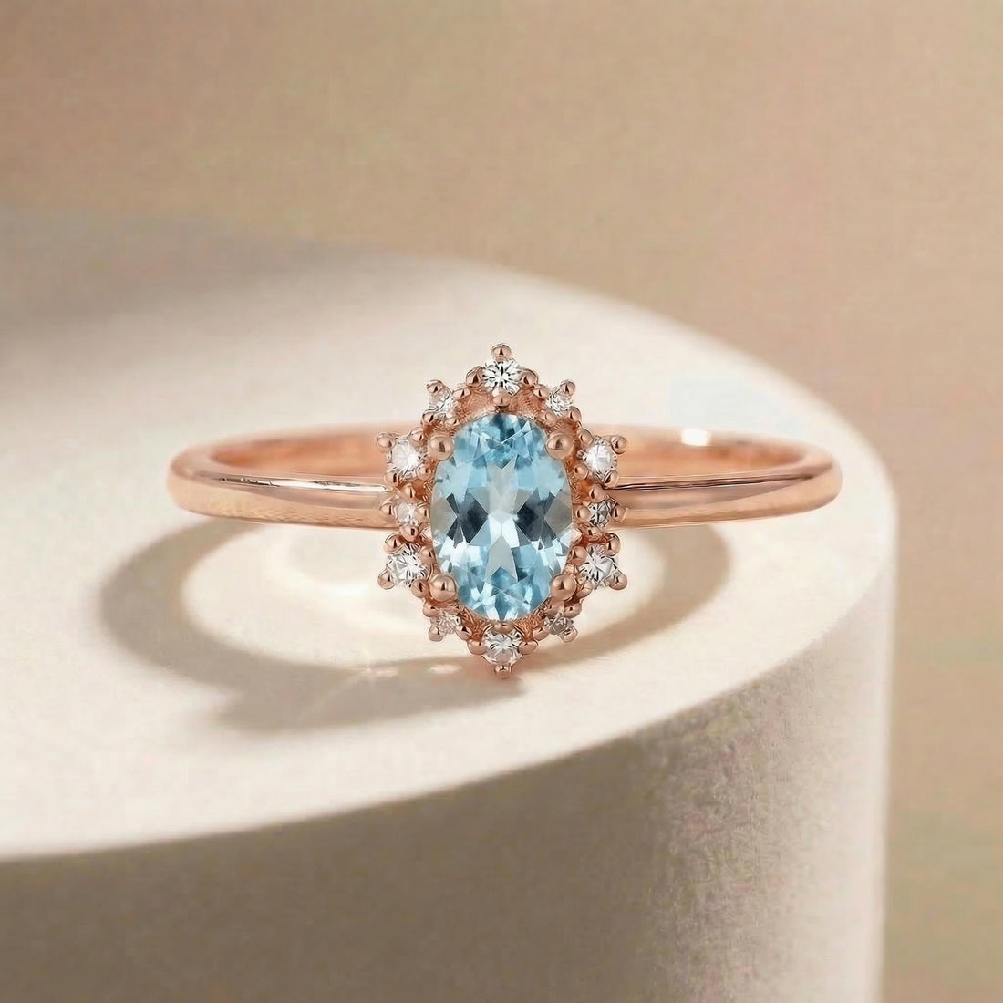 Aquamarine Halo Engagement Ring, Vintage Oval Aquamarine Wedding Ring, March Birthstone Gift, Promise Ring Gift for Women