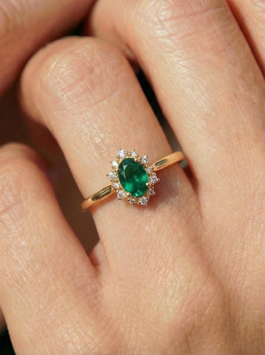 Oval Emerald Engagement Ring, Vintage Cluster Halo Promise Ring, Custom Gemstone Wedding Jewelry, May Birthstone